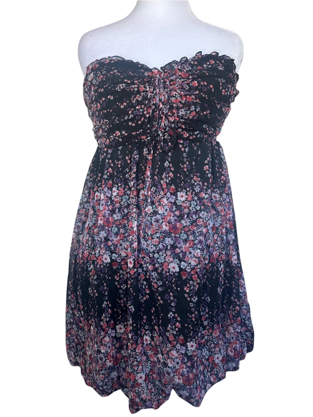 Y2K Bebe Floral Lace Up Sweetheart Bubble Dress NWT